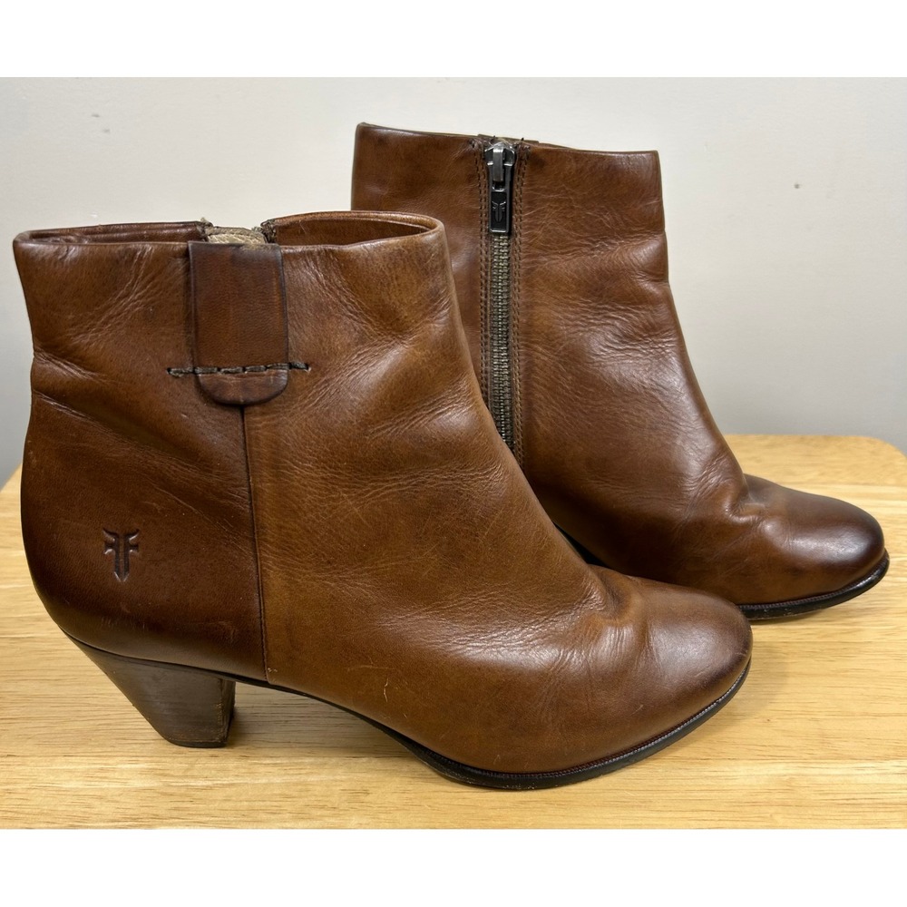 Frye Ankle Boots Women 7.5 Brown Leather Stacked Heel Side Zip Western Cowgirl